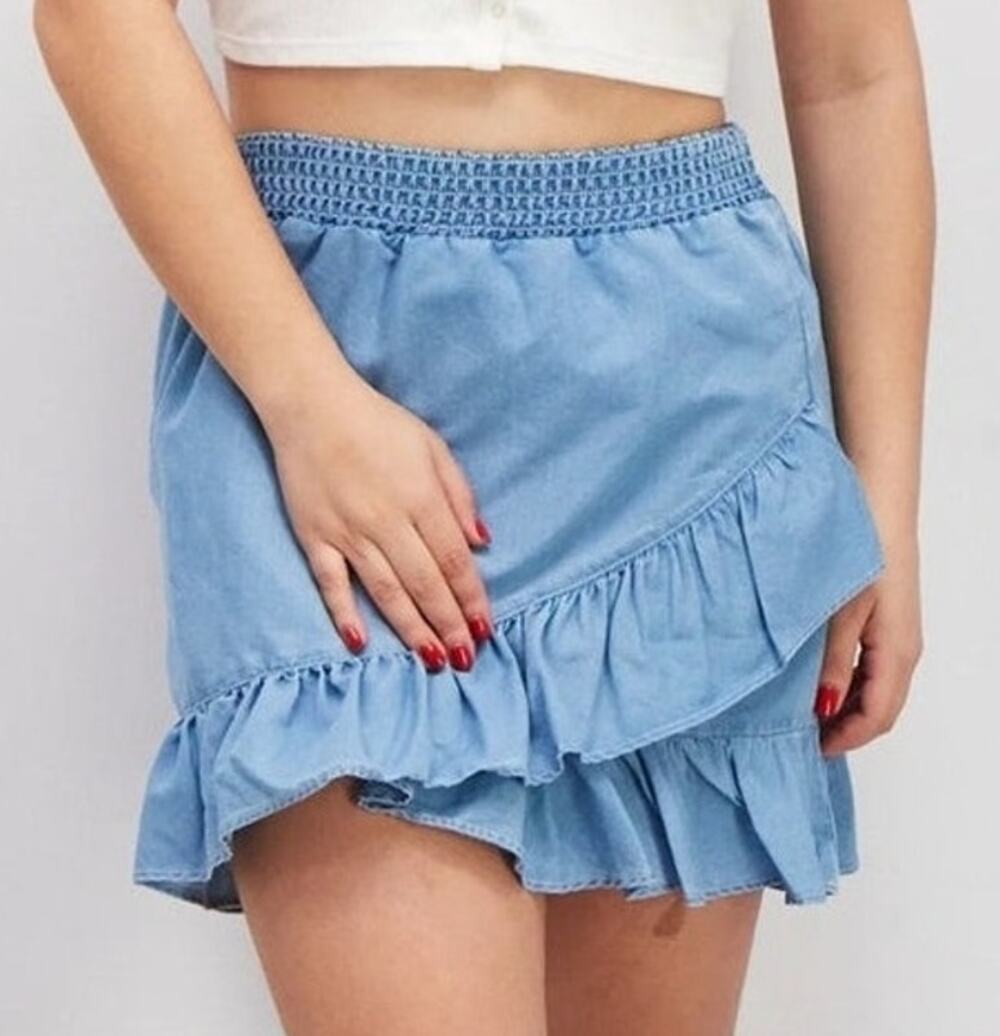 French Connection Womens Chambray Denim Ruffle Mini Skirt L Blue Cottage Country